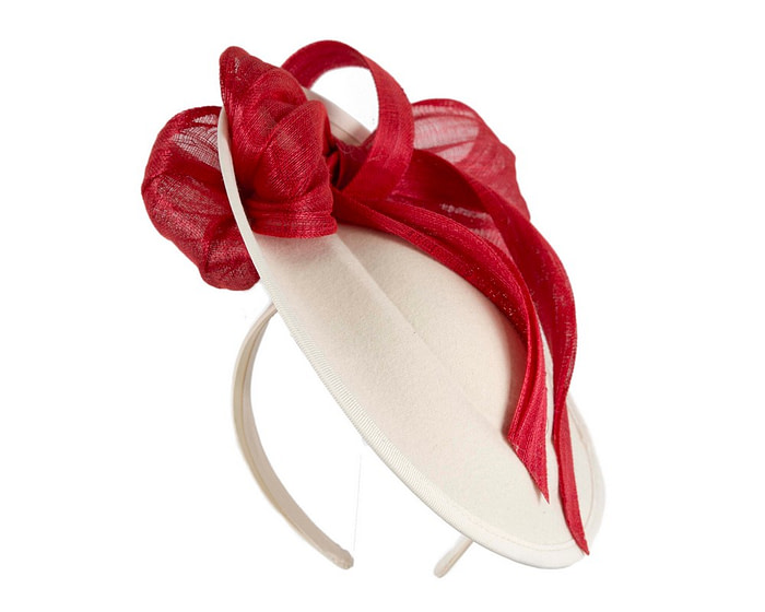 Cream plate with red bow winter fascinator by Fillies Collection - Hats From OZ