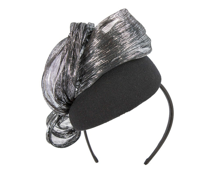 Bespoke black silver pillbox with bow by Fillies Collection - Hats From OZ