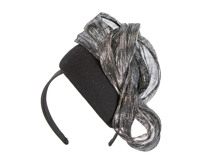 Bespoke black silver pillbox with bow by Fillies Collection - Hats From OZ