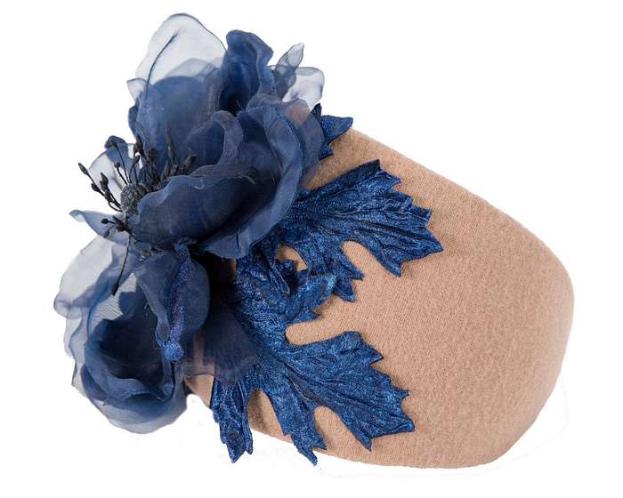 Wide beige headband with navy silk flower - Hats From OZ