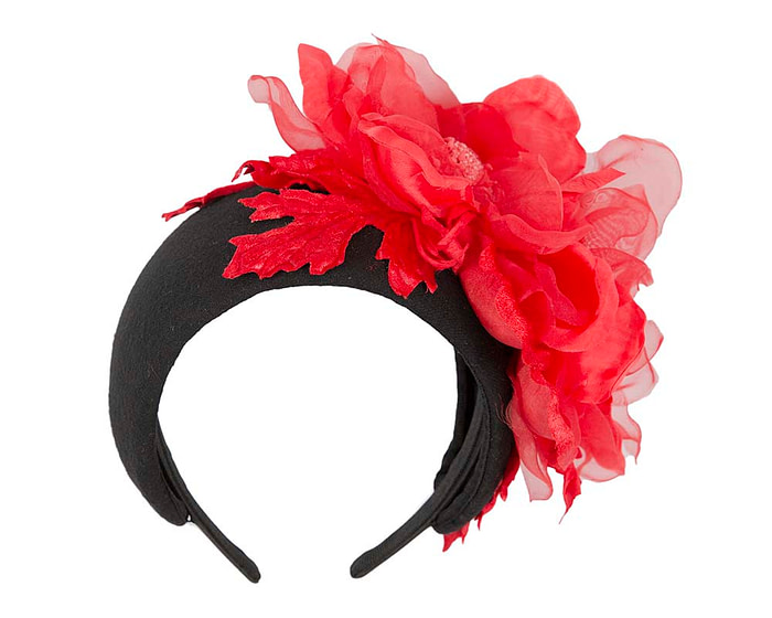 Wide black headband with red silk flower - Hats From OZ