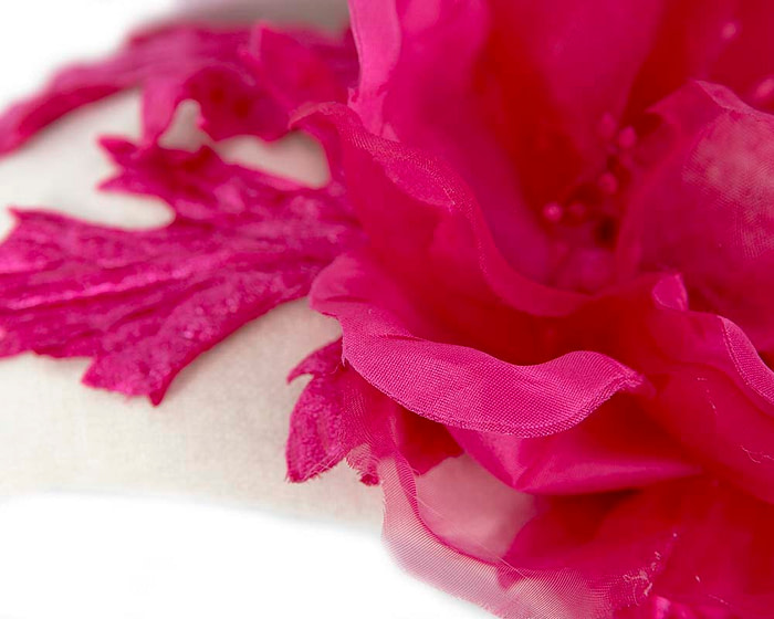 Wide cream headband with fuchsia silk flower - Hats From OZ