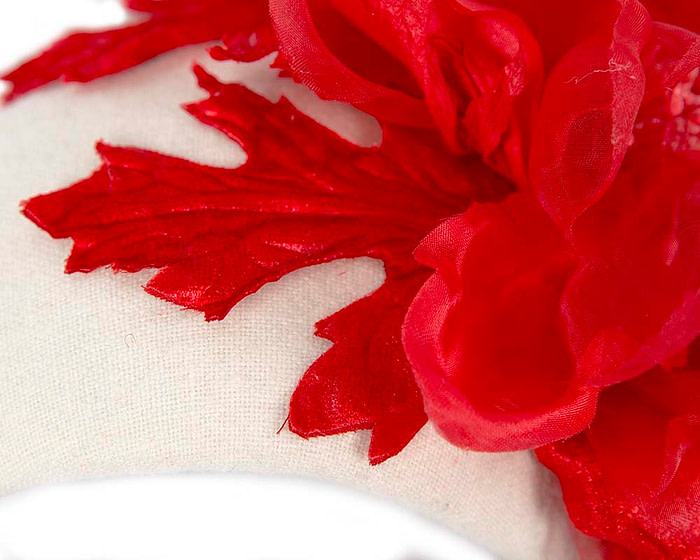 Wide cream headband with red silk flower - Hats From OZ