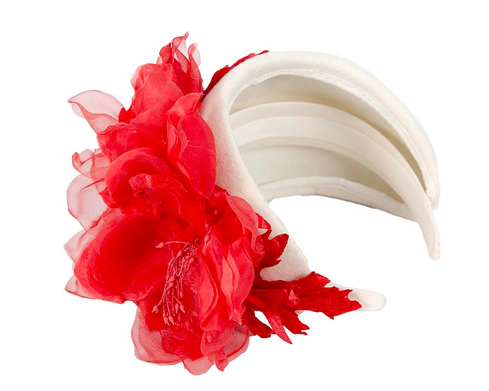 Wide cream headband with red silk flower - Hats From OZ