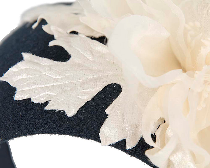 Wide navy headband with cream silk flower - Hats From OZ