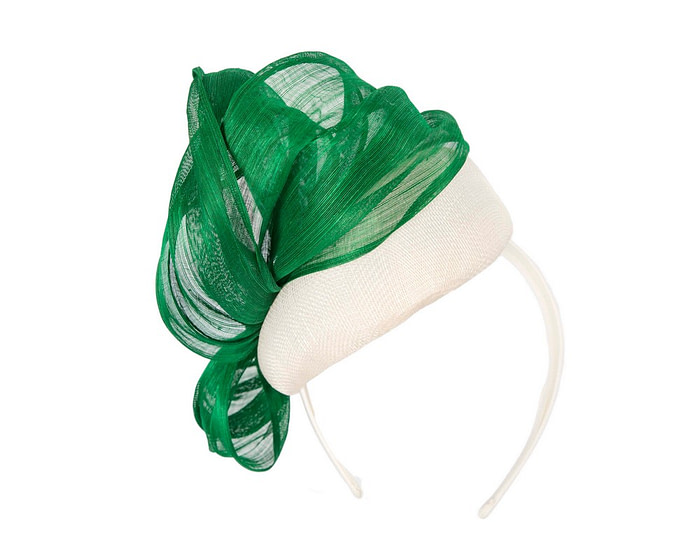 White pillbox fascinator with green silk abaca bow by Fillies Collection - Hats From OZ