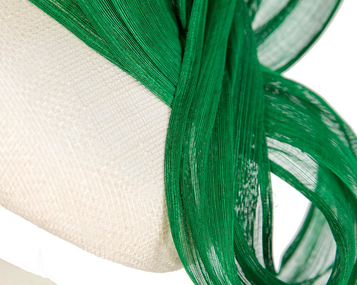 White pillbox fascinator with green silk abaca bow by Fillies Collection - Hats From OZ