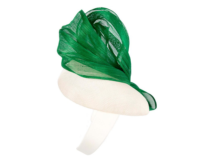 White pillbox fascinator with green silk abaca bow by Fillies Collection - Hats From OZ