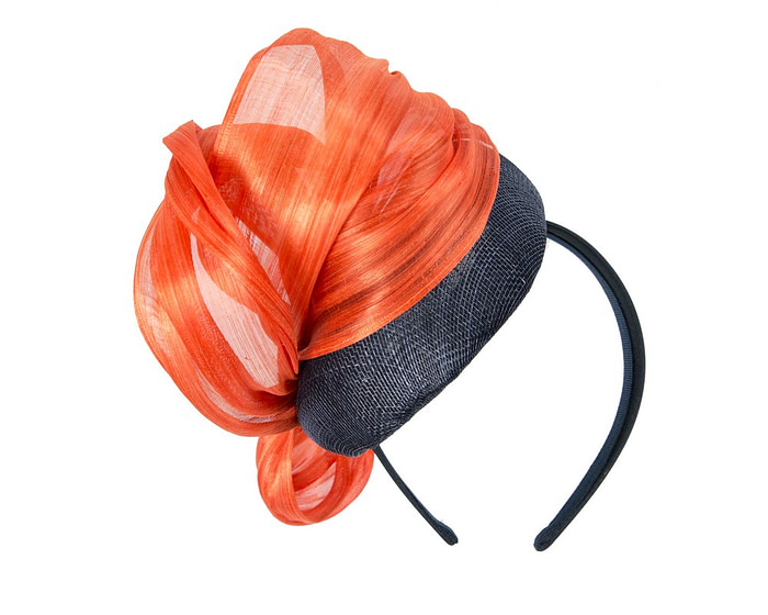 Navy pillbox fascinator with orange silk abaca bow by Fillies Collection - Hats From OZ