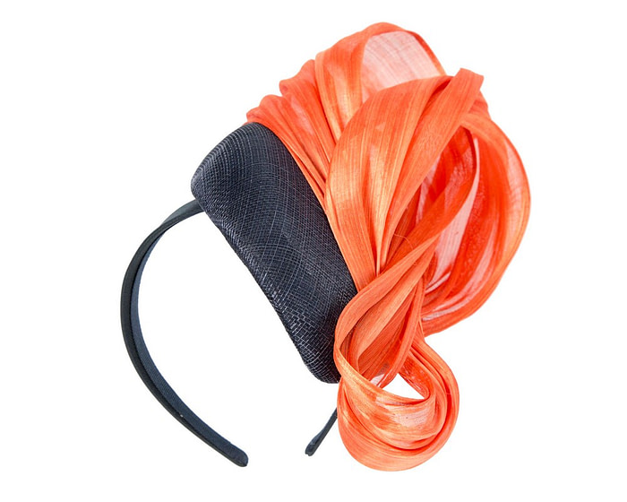 Navy pillbox fascinator with orange silk abaca bow by Fillies Collection - Hats From OZ