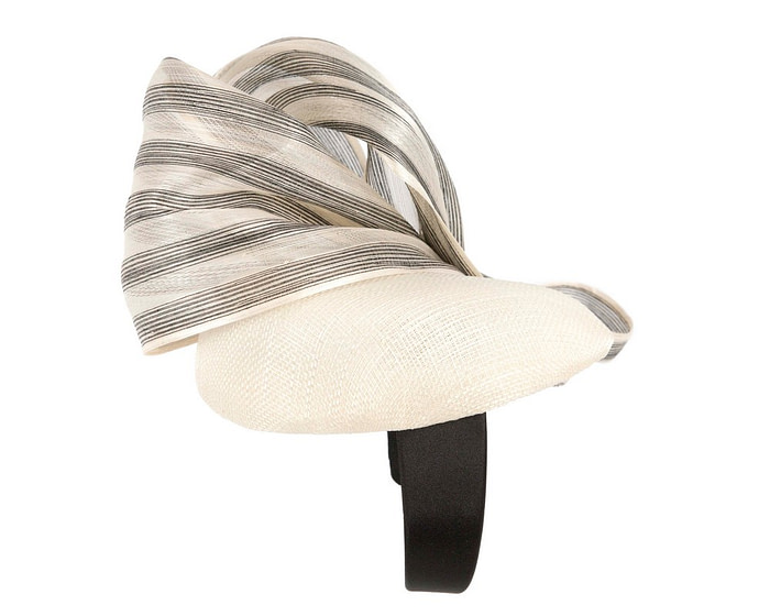 Cream pillbox fascinator with stripy silk abaca bow by Fillies Collection - Hats From OZ