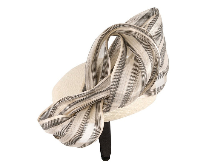 Cream pillbox fascinator with stripy silk abaca bow by Fillies Collection - Hats From OZ