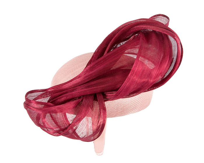 Pink pillbox fascinator with burgundy silk abaca bow by Fillies Collection - Hats From OZ