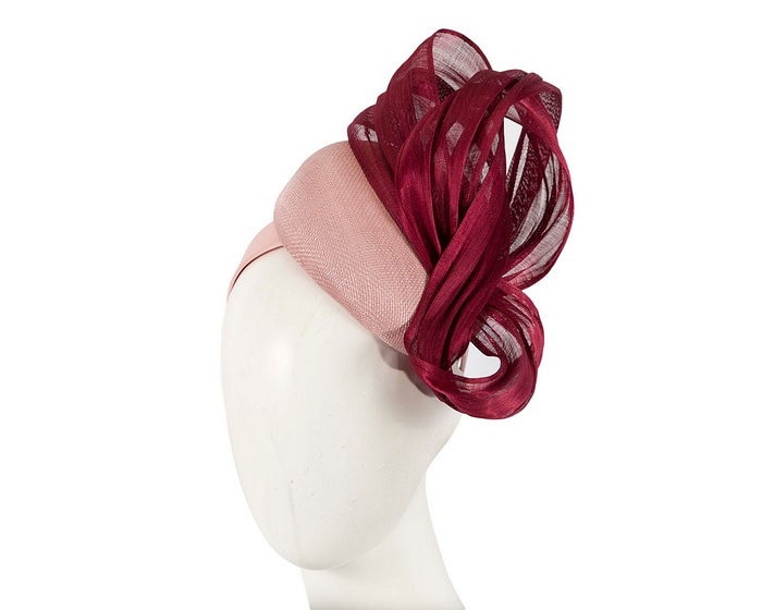 Pink pillbox fascinator with burgundy silk abaca bow by Fillies Collection - Hats From OZ