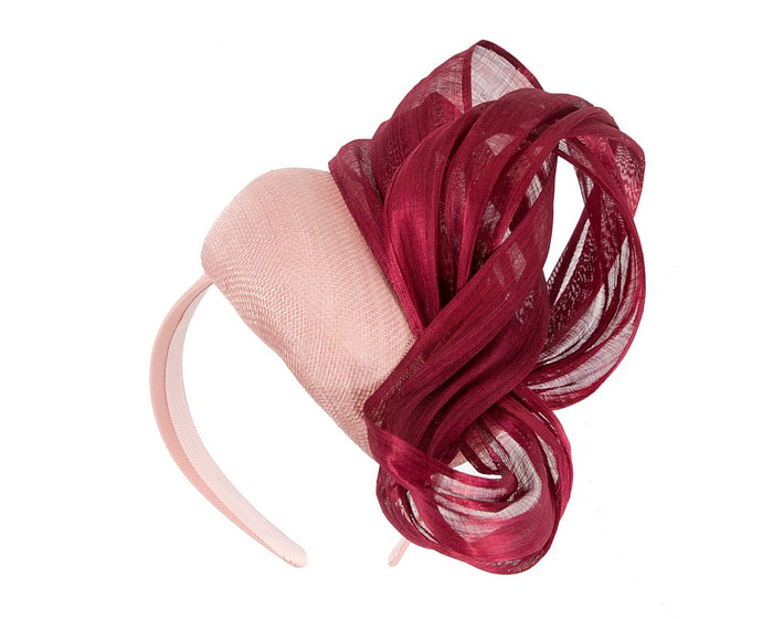 Pink pillbox fascinator with burgundy silk abaca bow by Fillies Collection - Hats From OZ