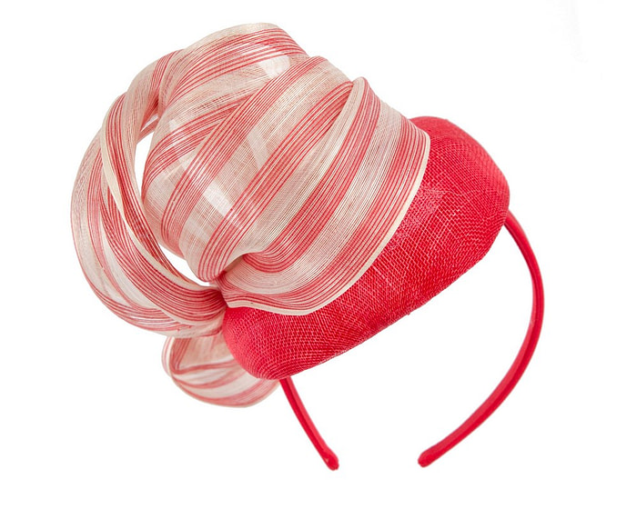 Red pillbox fascinator with stripy silk abaca bow by Fillies Collection - Hats From OZ