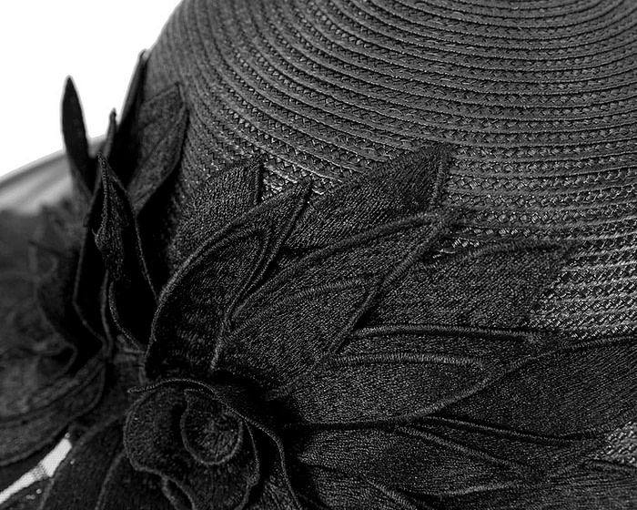 Black wide brim hat with lace flower by Cupids Millinery - Hats From OZ