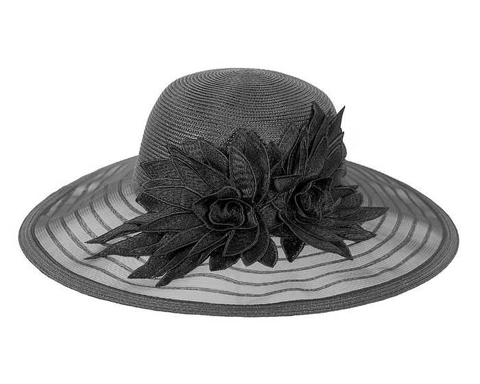 Black wide brim hat with lace flower by Cupids Millinery - Hats From OZ