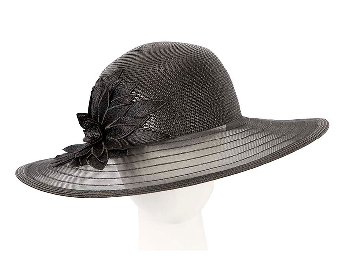 Black wide brim hat with lace flower by Cupids Millinery - Hats From OZ