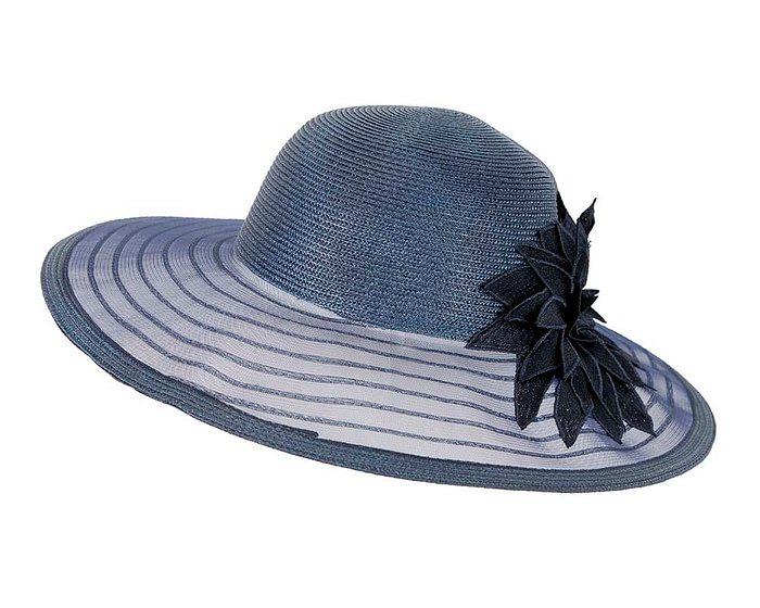 Navy wide brim hat with lace flower by Cupids Millinery - Hats From OZ