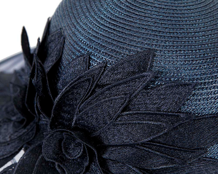 Navy wide brim hat with lace flower by Cupids Millinery - Hats From OZ