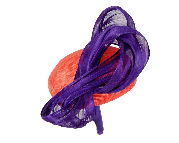 Orange pillbox fascinator with purple silk abaca bow by Fillies Collection - Hats From OZ