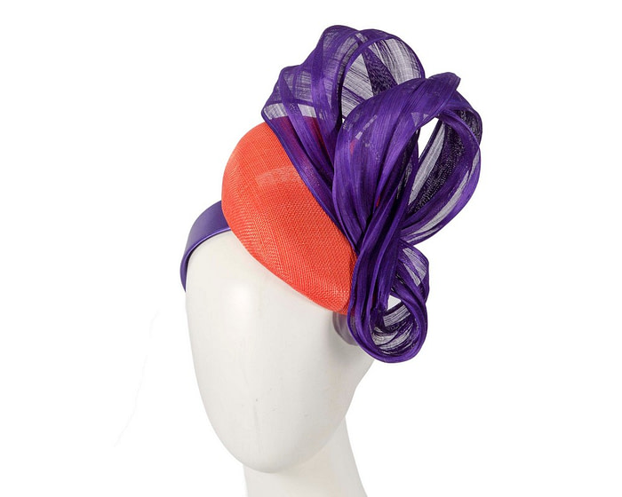 Orange pillbox fascinator with purple silk abaca bow by Fillies Collection - Hats From OZ