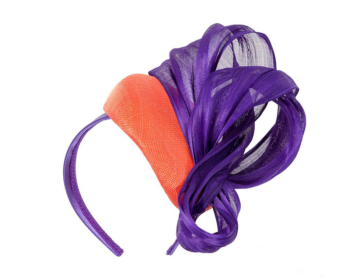 Orange pillbox fascinator with purple silk abaca bow by Fillies Collection - Hats From OZ