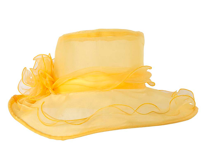 Large Yellow Organza Racing Hat with flower - Hats From OZ