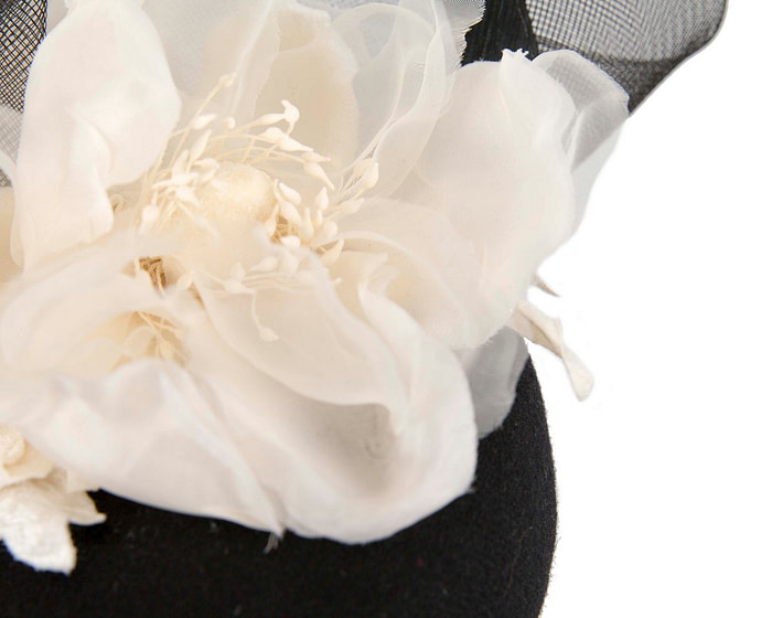 Black winter pillbox fascinator with white flower - Hats From OZ