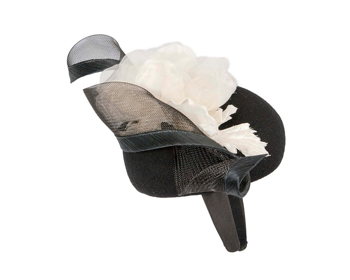 Black winter pillbox fascinator with white flower - Hats From OZ