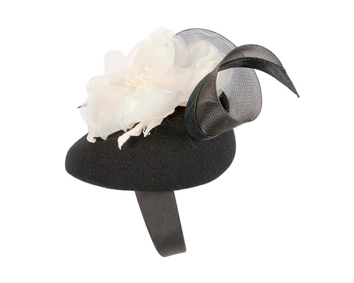 Black winter pillbox fascinator with white flower - Hats From OZ