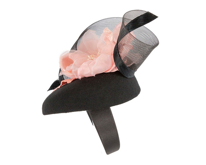 Black winter pillbox fascinator with pink flower - Hats From OZ