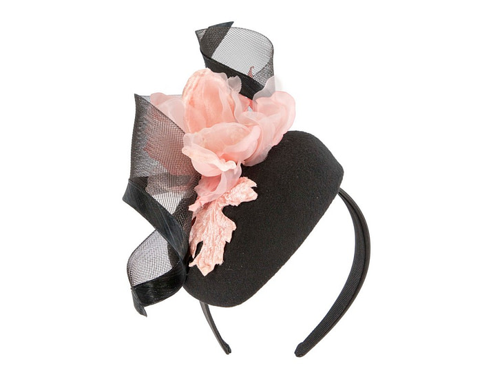 Black winter pillbox fascinator with pink flower - Hats From OZ