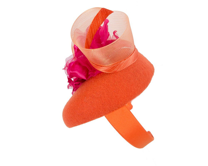 Orange winter pillbox fascinator with fuchsia flower - Hats From OZ