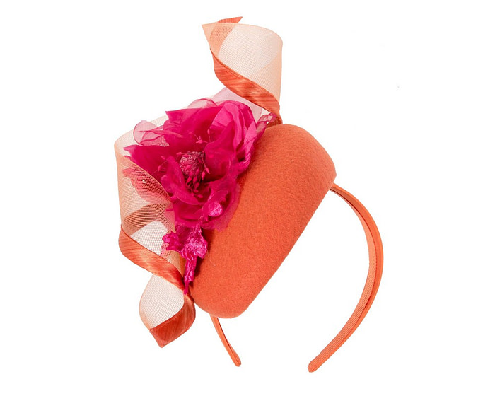 Orange winter pillbox fascinator with fuchsia flower - Hats From OZ