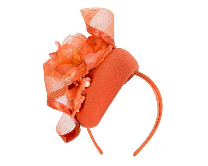 Orange winter pillbox fascinator with flower - Hats From OZ