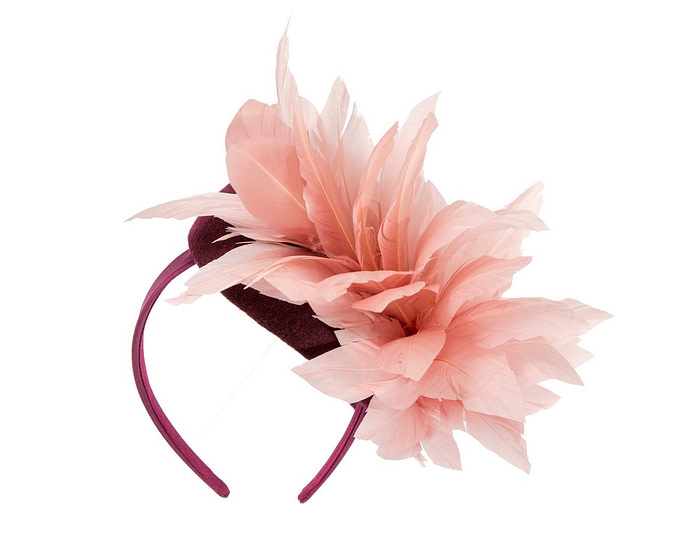 Burgundy & pink feather winter facing fascinator - Hats From OZ