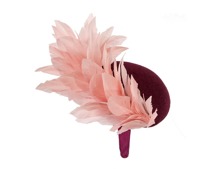 Burgundy & pink feather winter facing fascinator - Hats From OZ