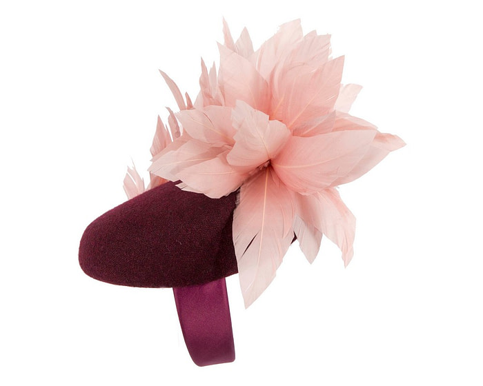 Burgundy & pink feather winter facing fascinator - Hats From OZ