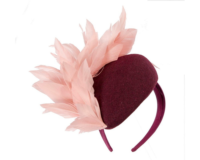 Burgundy & pink feather winter facing fascinator - Hats From OZ