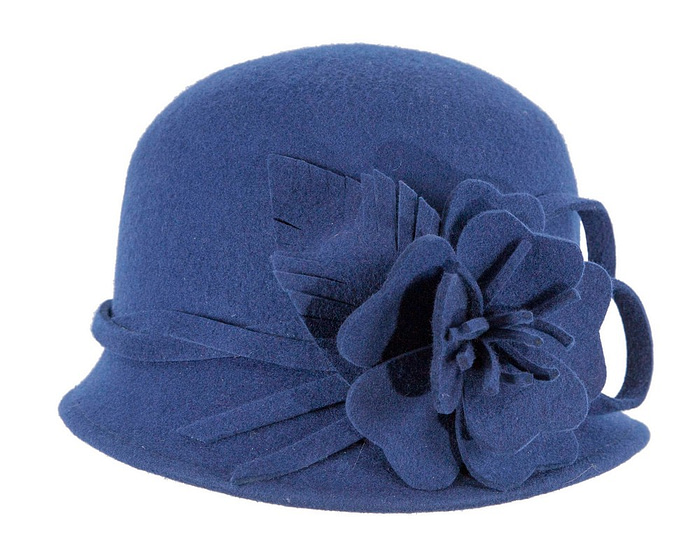 Blue felt winter hat with flower by Max Alexander - Hats From OZ