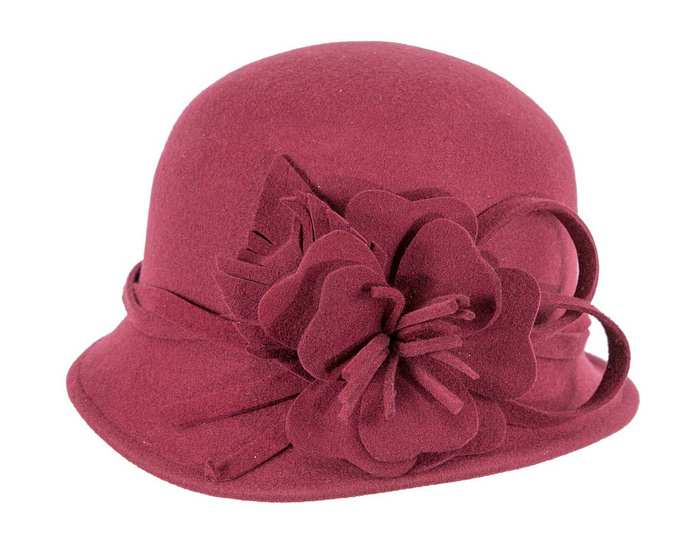 Burgundy felt winter hat with flower by Max Alexander - Hats From OZ