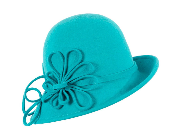 Turquoise felt winter hat with flower by Max Alexander - Hats From OZ