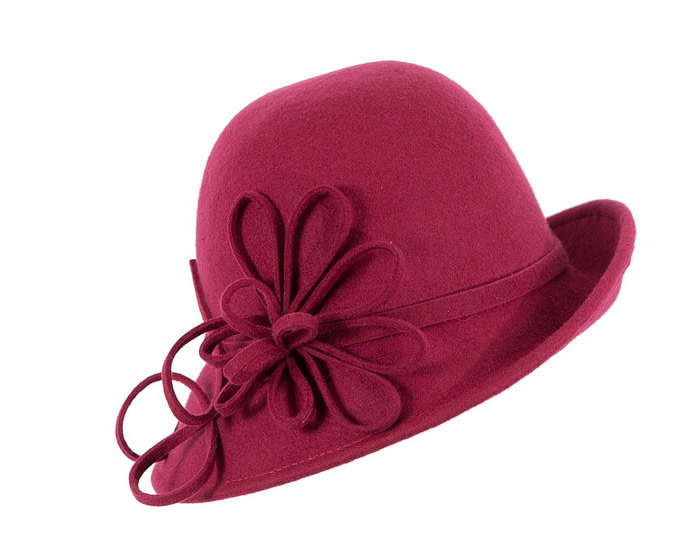 Burgundy felt winter hat with flower by Max Alexander J439 - Hats From OZ