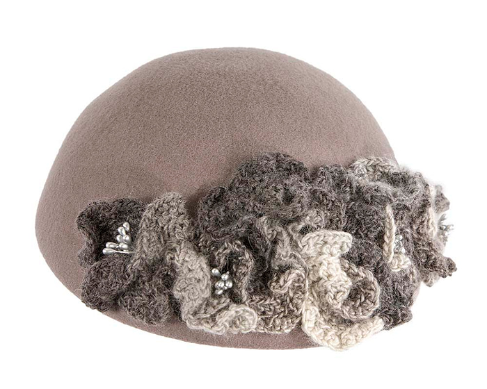 Grey felt beret with crocheted trim CU438 - Hats From OZ