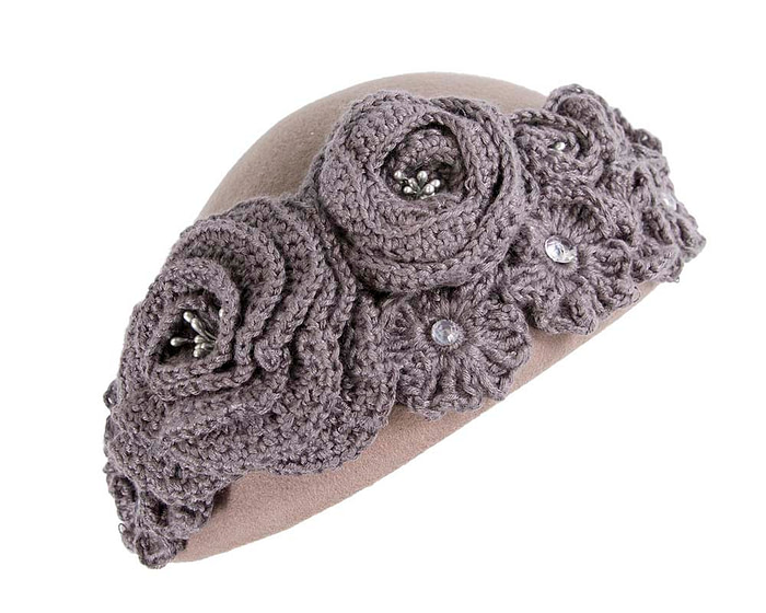 Grey felt beret with crocheted trim CU439 - Hats From OZ