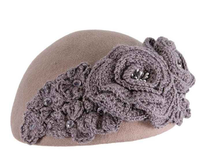 Grey felt beret with crocheted trim CU439 - Hats From OZ