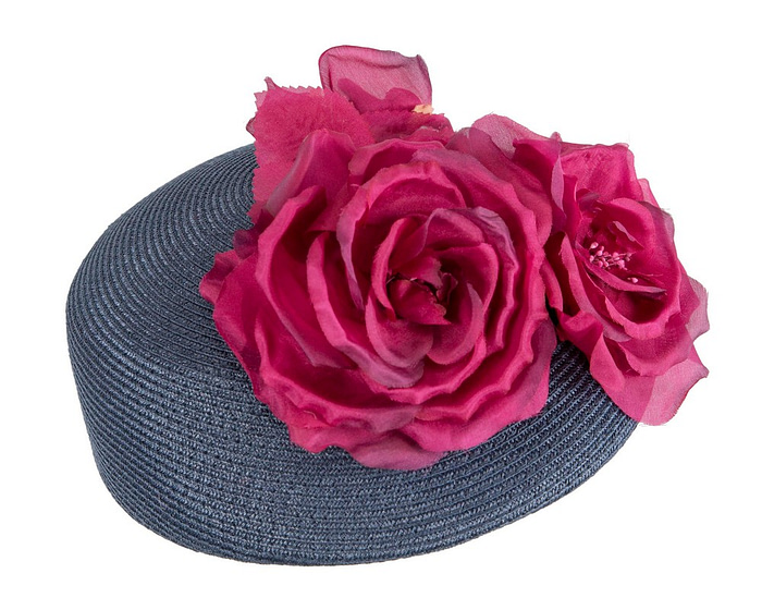 Modern navy beret hat with fuchsia flowers by Max Alexander - Hats From OZ