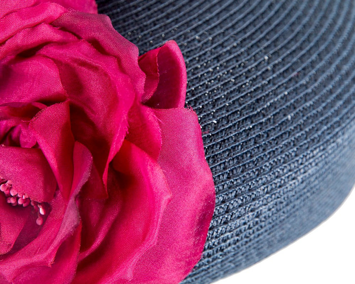 Modern navy beret hat with fuchsia flowers by Max Alexander - Hats From OZ